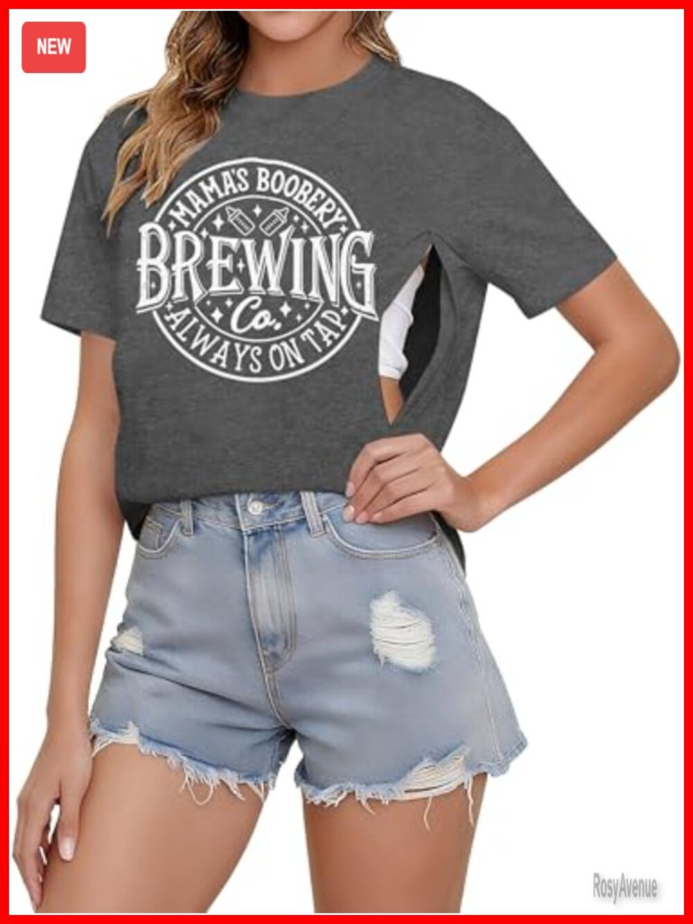 Nursing Tops for Breastfeeding Side Zip MAMA Letter Print Short Sleeve Tee
